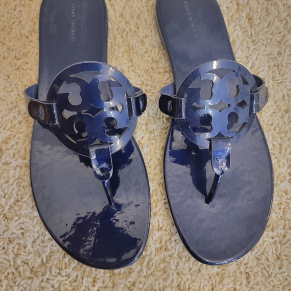 Tory Burch Miller Soft Patent Leather Sandals Metallic Navy Size 10.5 - Picture 4 of 17
